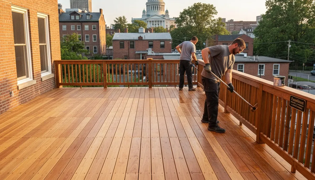 Professional deck staining in Providence RI enhancing wood color and protection against coastal weather