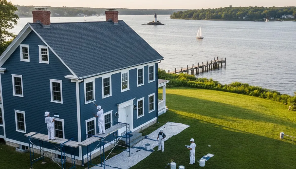 Professional house painters working on residential exterior in Providence RI